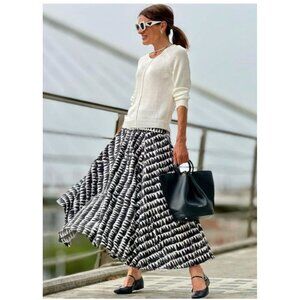 Zara Black & White Hearts Midi Swing Skirt Size Large Cotton A-Line Full